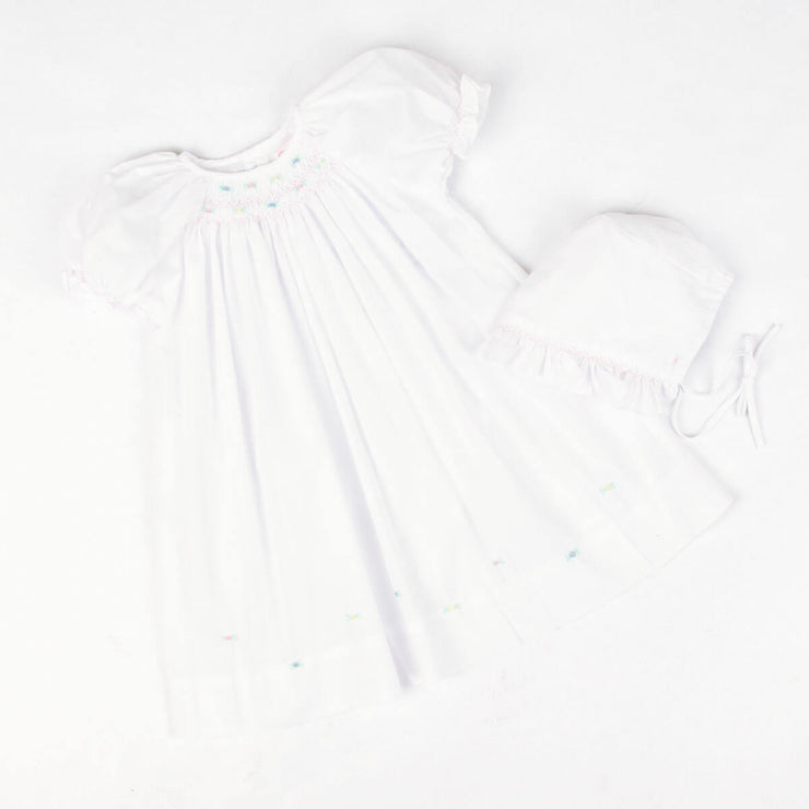 Smocked and Embroidered Rosebud White Day Gown