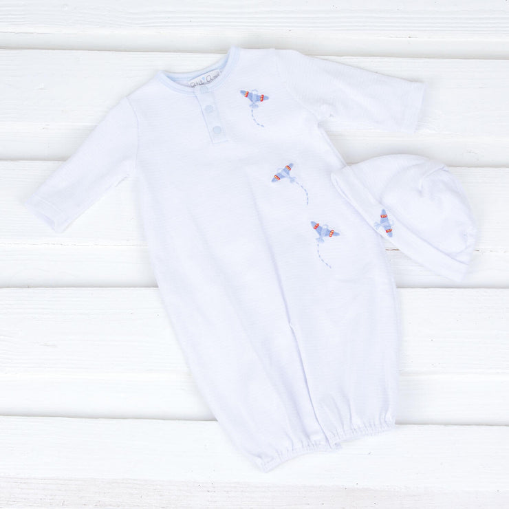 Embroidered Airplanes Baby Gown and Hat Set