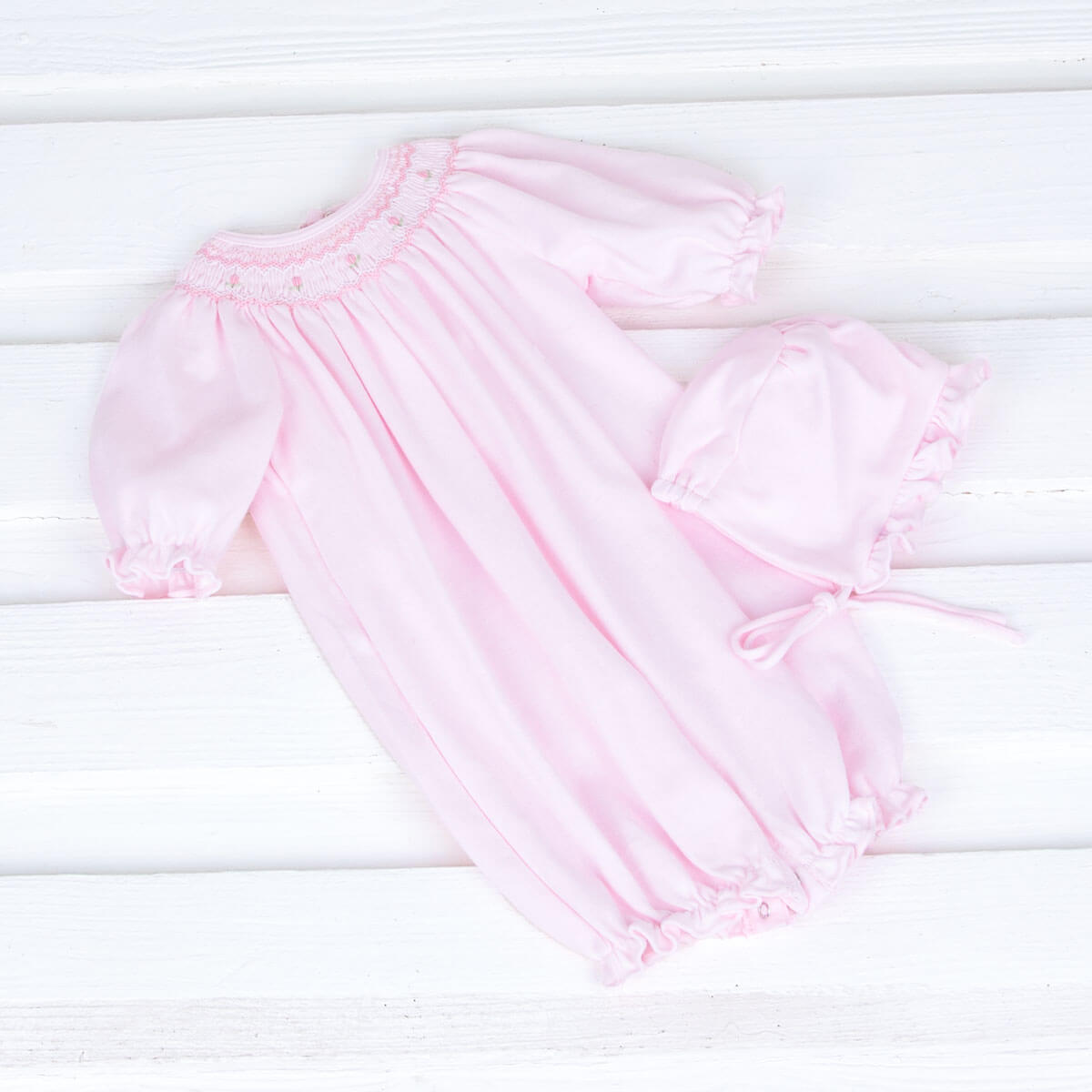 Smocked Rosebud Baby Gown and Bonnet Set