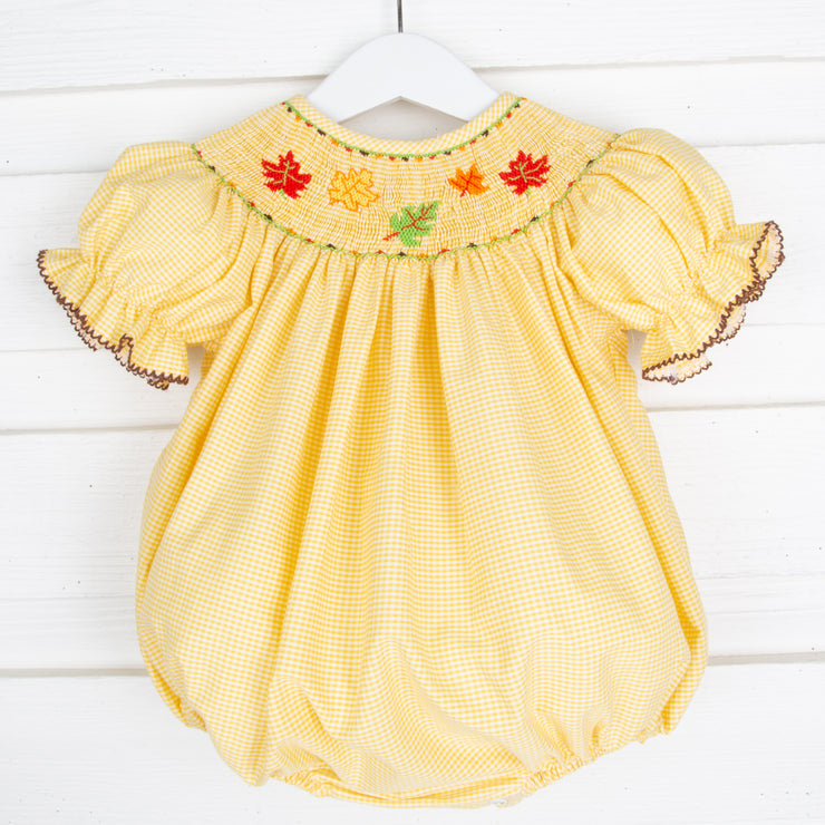 Fall Leaves Smocked Bubble Yellow Gingham