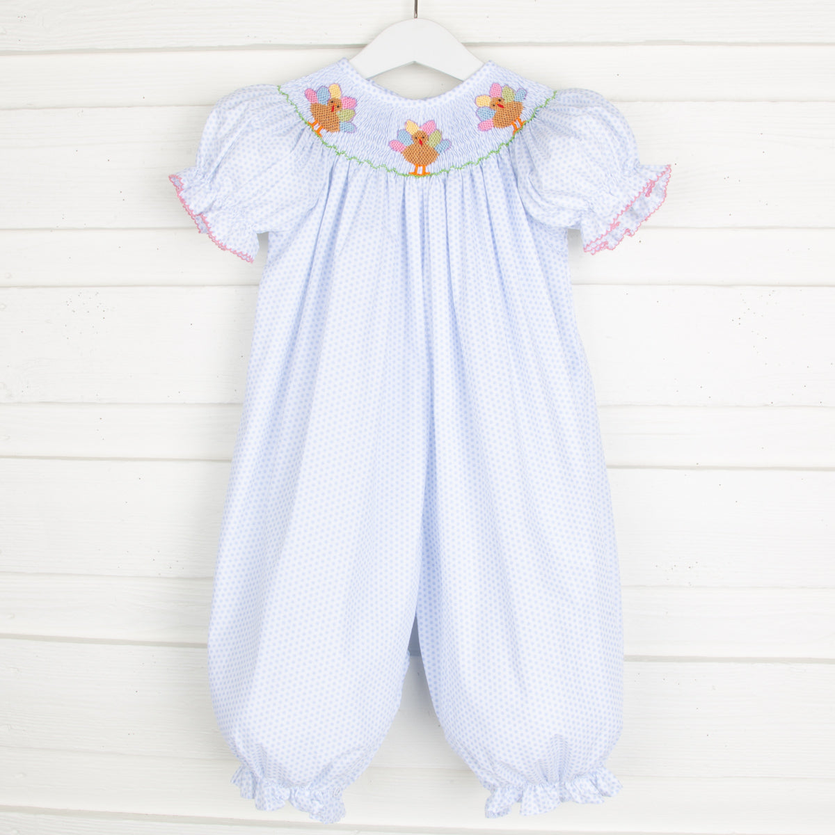 Turkey Smocked Long Bubble Light Blue Dot – Classic Whimsy Turkey Smocked Long Bubble Light Blue Dot – Classic Whimsy