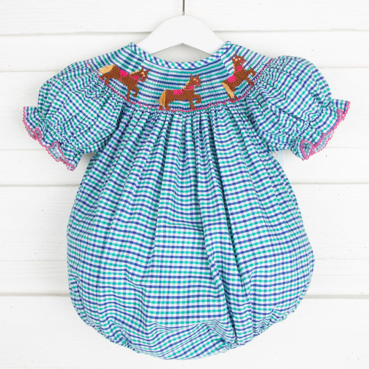 Horse Smocked Bubble Green & Blue Plaid