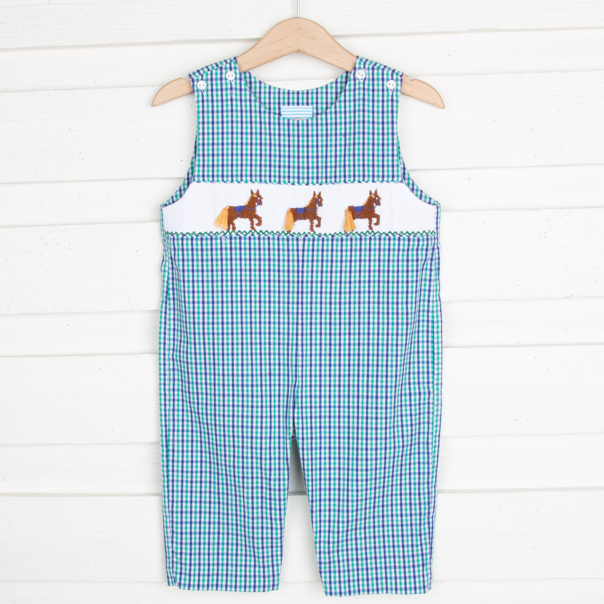 Horse Smocked Longall Green & Blue Plaid