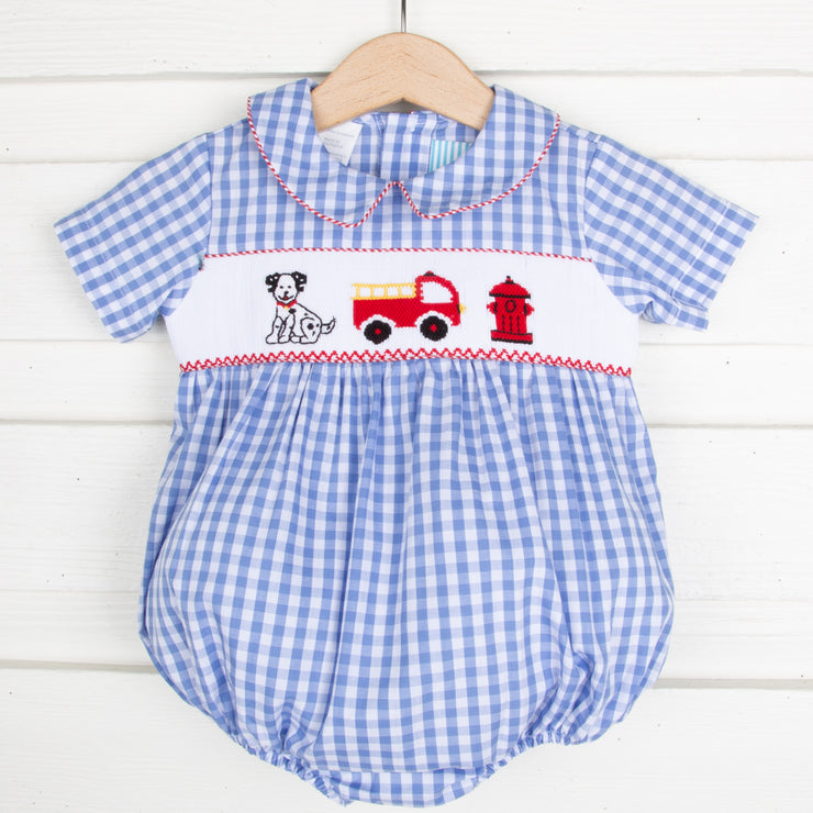 Puppy & Firetruck Smocked Collared Boy Bubble Light Blue Check