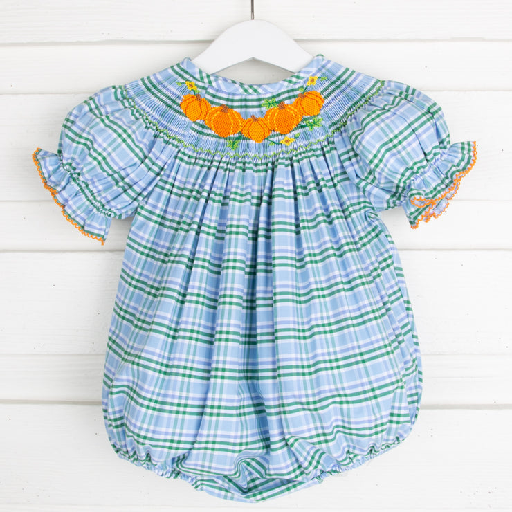 Pumpkin Patch Smocked Bubble Light Blue and Green Plaid