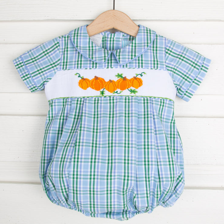 Pumpkin Patch Smocked Collared Boy Bubble Light Blue and Green Plaid