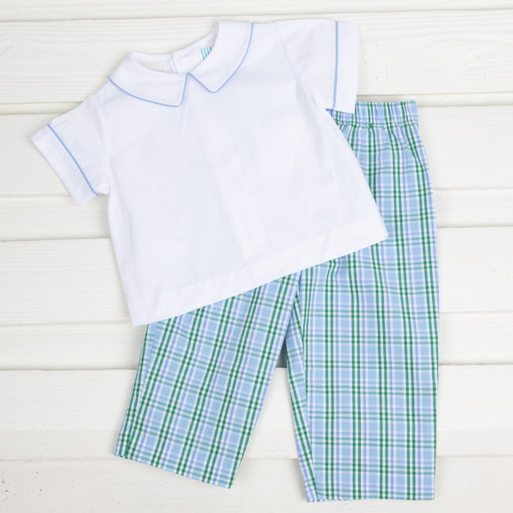 Boys Collared Pant Set Light Blue and Green Plaid
