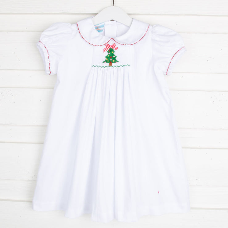 Christmas Tree Single Smocked Dress White