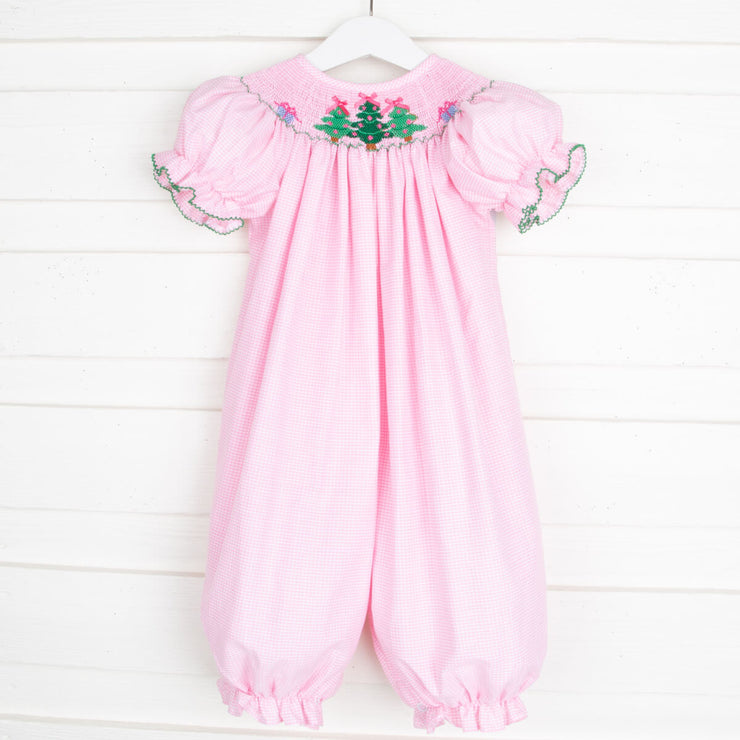 Christmas Tree Cluster Smocked Long Bubble Pink Gingham