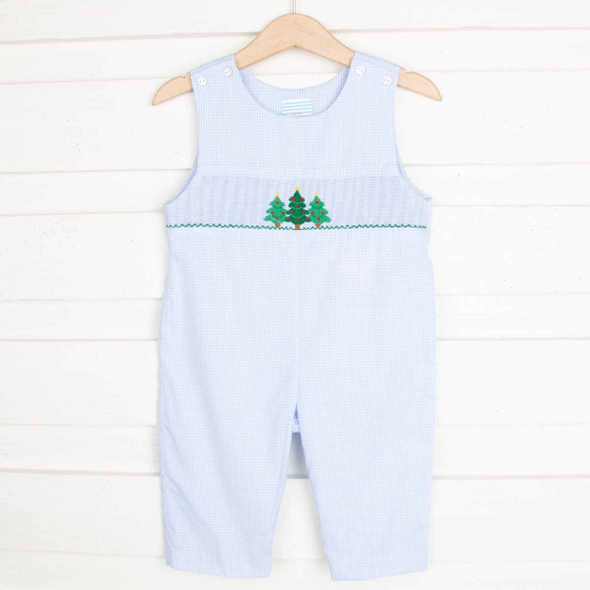 Christmas Tree Cluster Smocked Longall Blue Gingham