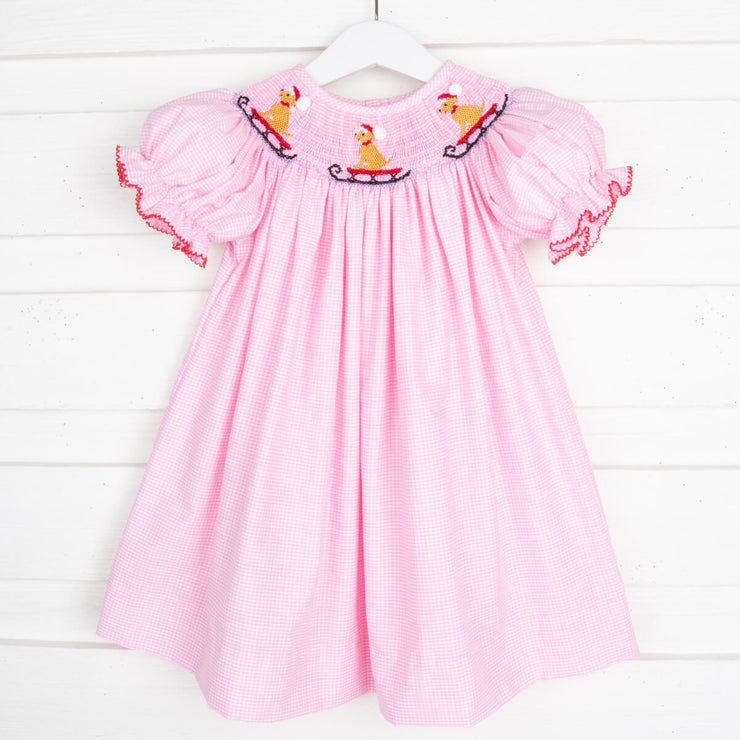Puppy Sleigh Smocked Dress Pink Check