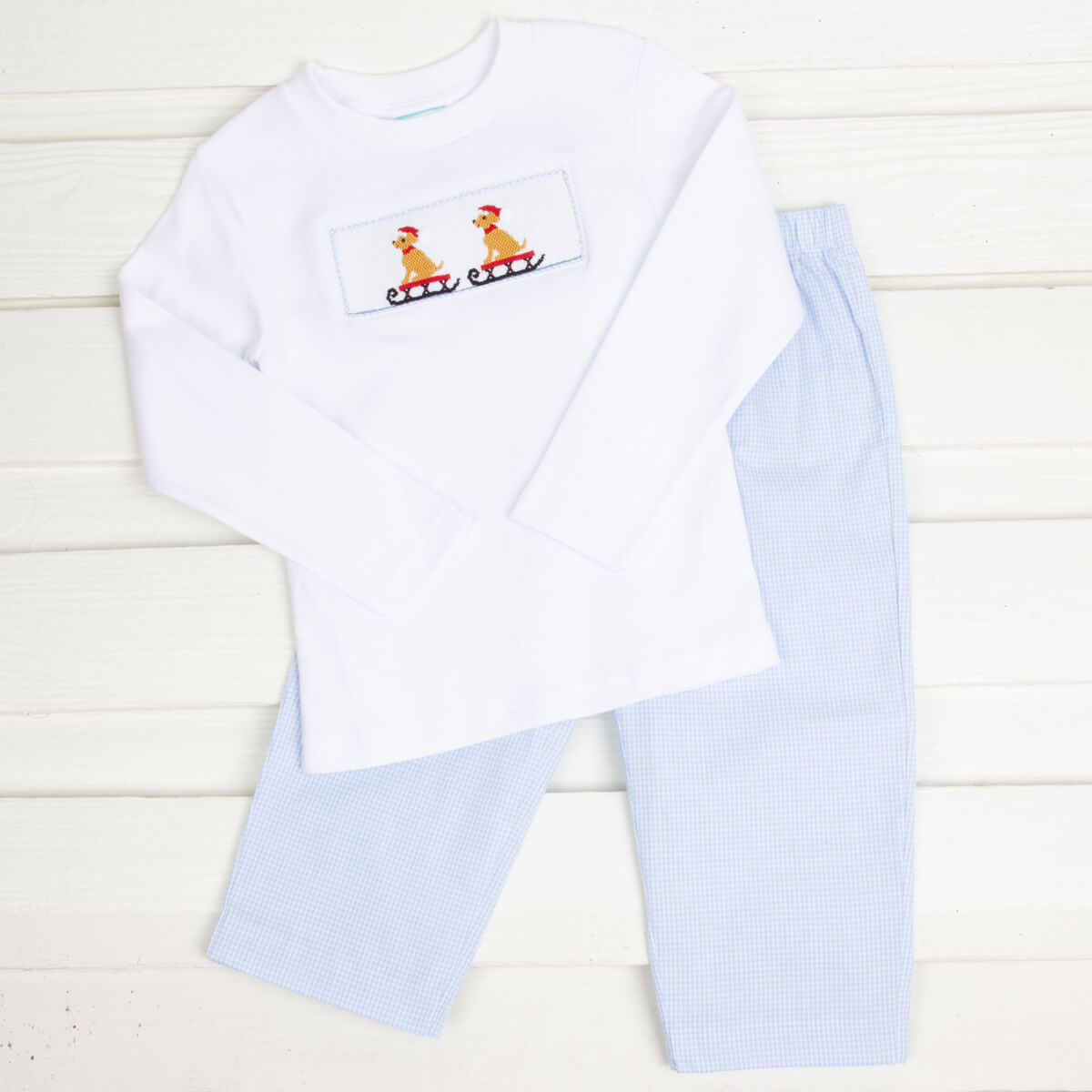 Puppy Sleigh Smocked Pant Set Blue Check