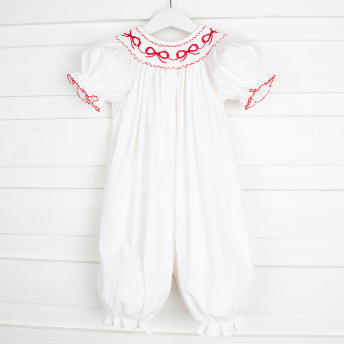 Red Bow Smocked Long Bubble White Corduroy