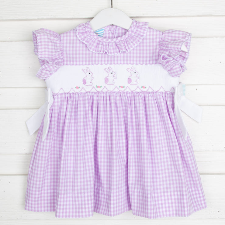 Bunny Silhouette Smocked Ruffle Collared Dress Lavender Check