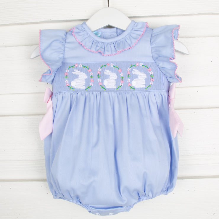 Bunny Wreath Smocked Beverly Bubble Blue Pique