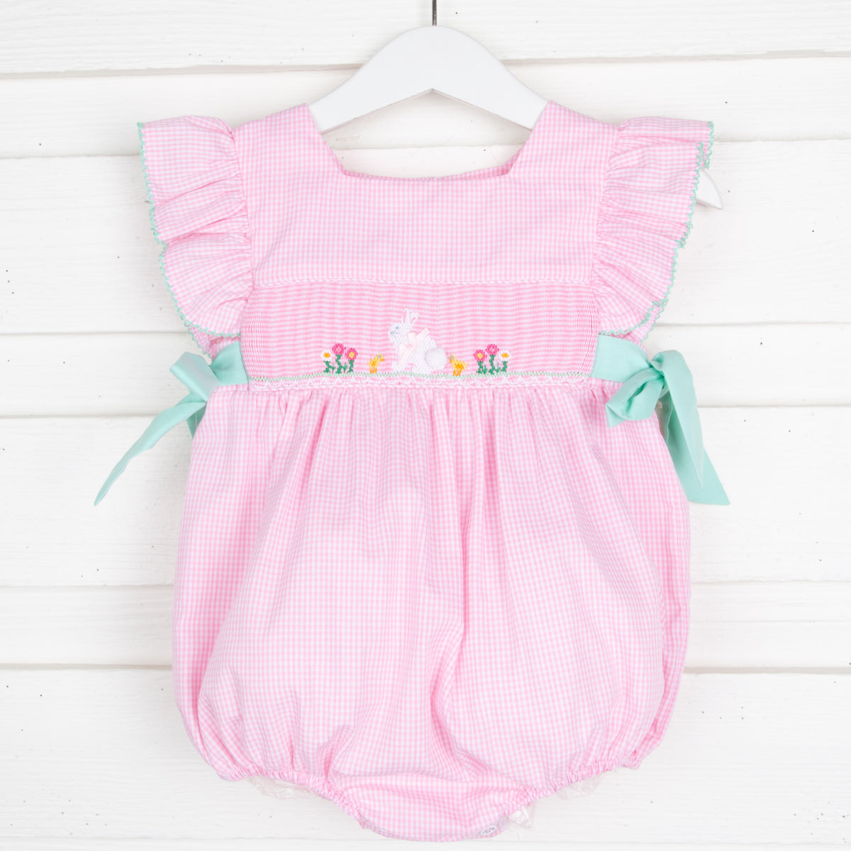 Bunny Garden Smocked Side Tie Bubble Pink Gingham