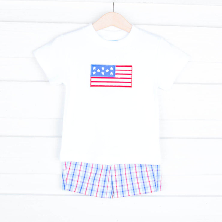 Flag Applique Americana Plaid Boy Short Set