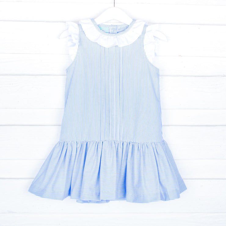 Blue Stripe Ruffle Collared Dress