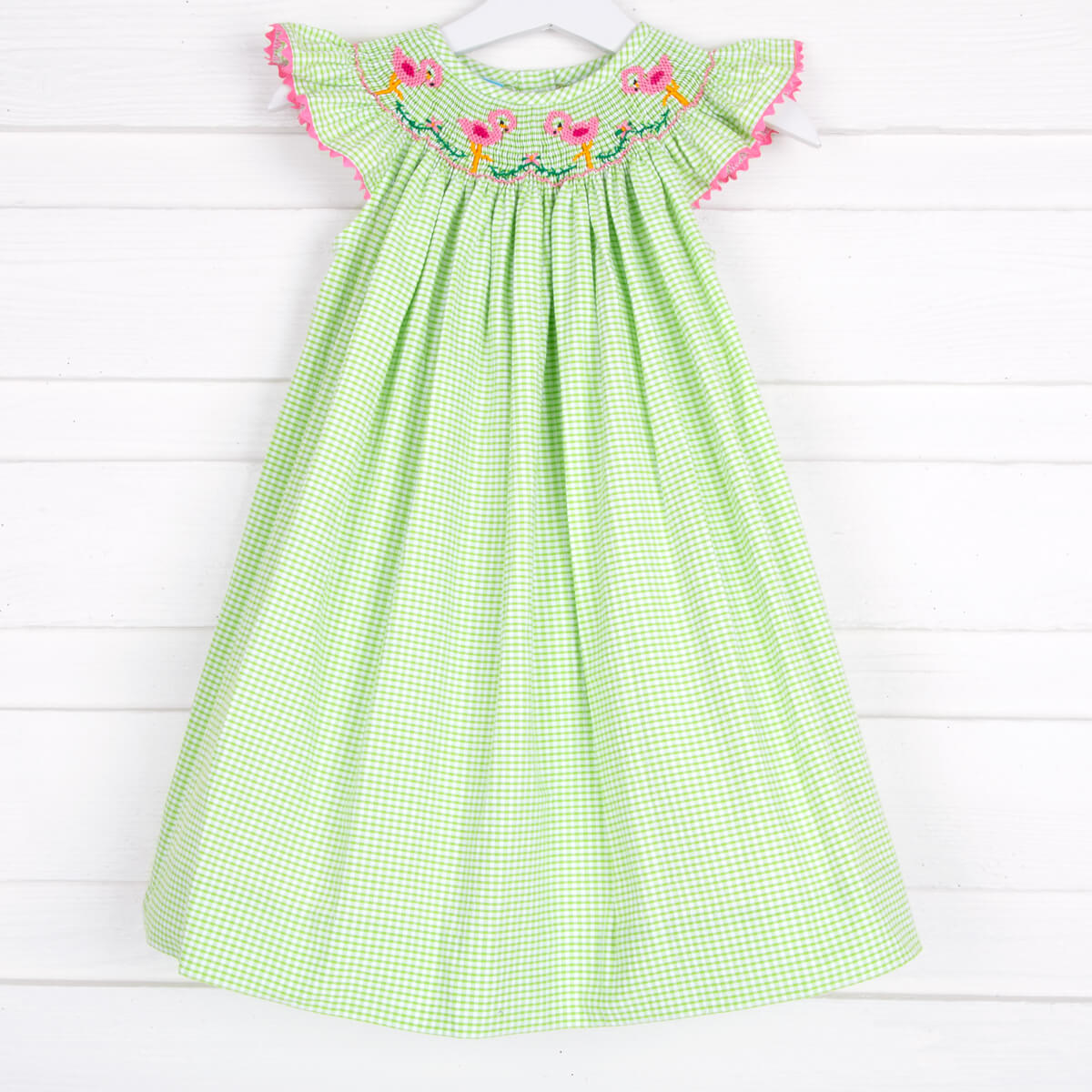 Flamingo Smocked Dress Lime Green Seersucker Flamingo Smocked Dress Lime Green Seersucker