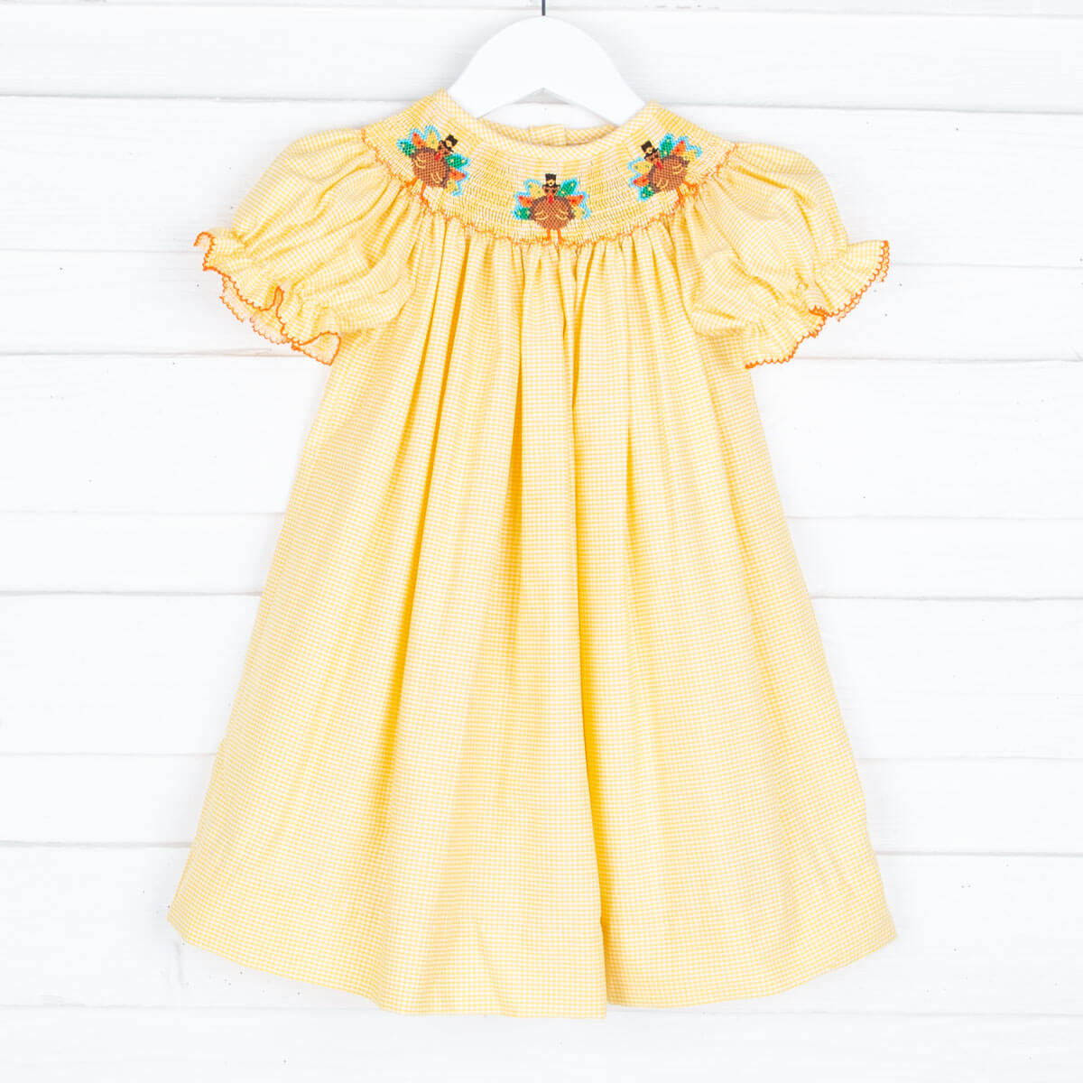 Farly Yellow Gingham Smocked Turkey Dress