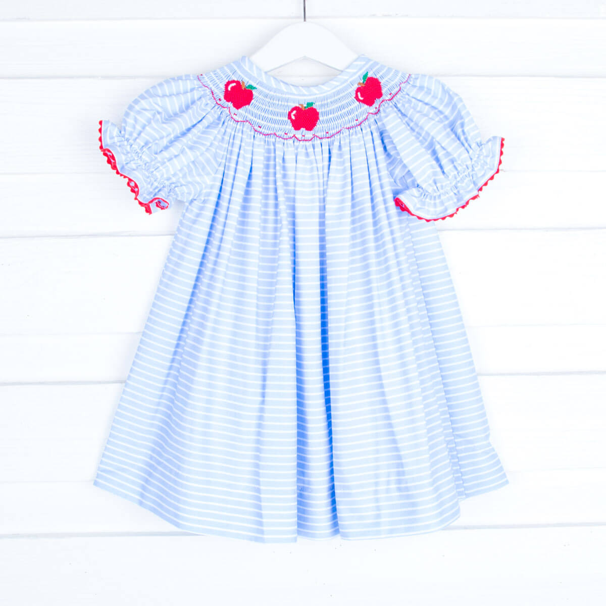 Smocked Apples Blue Stripe Dress