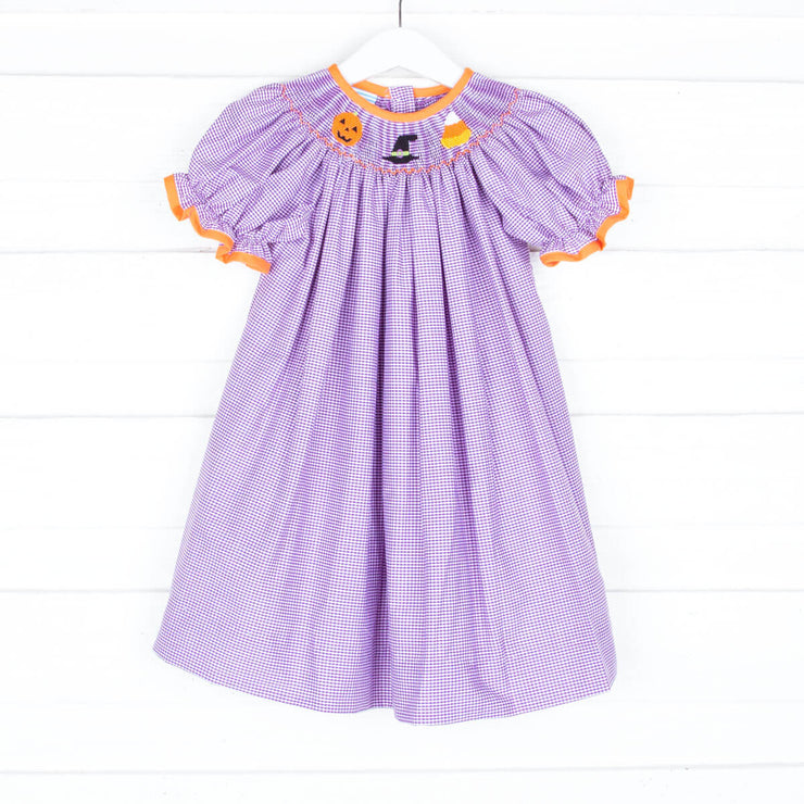 Smocked Halloween Purple Gingham Dress