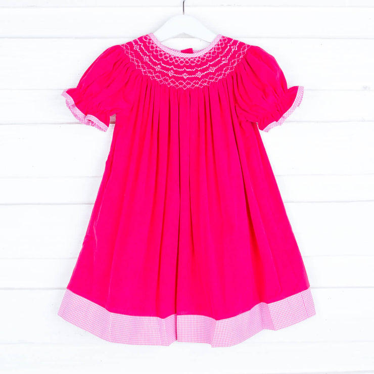 Smocked Bright Pink Corduroy Bishop Dress