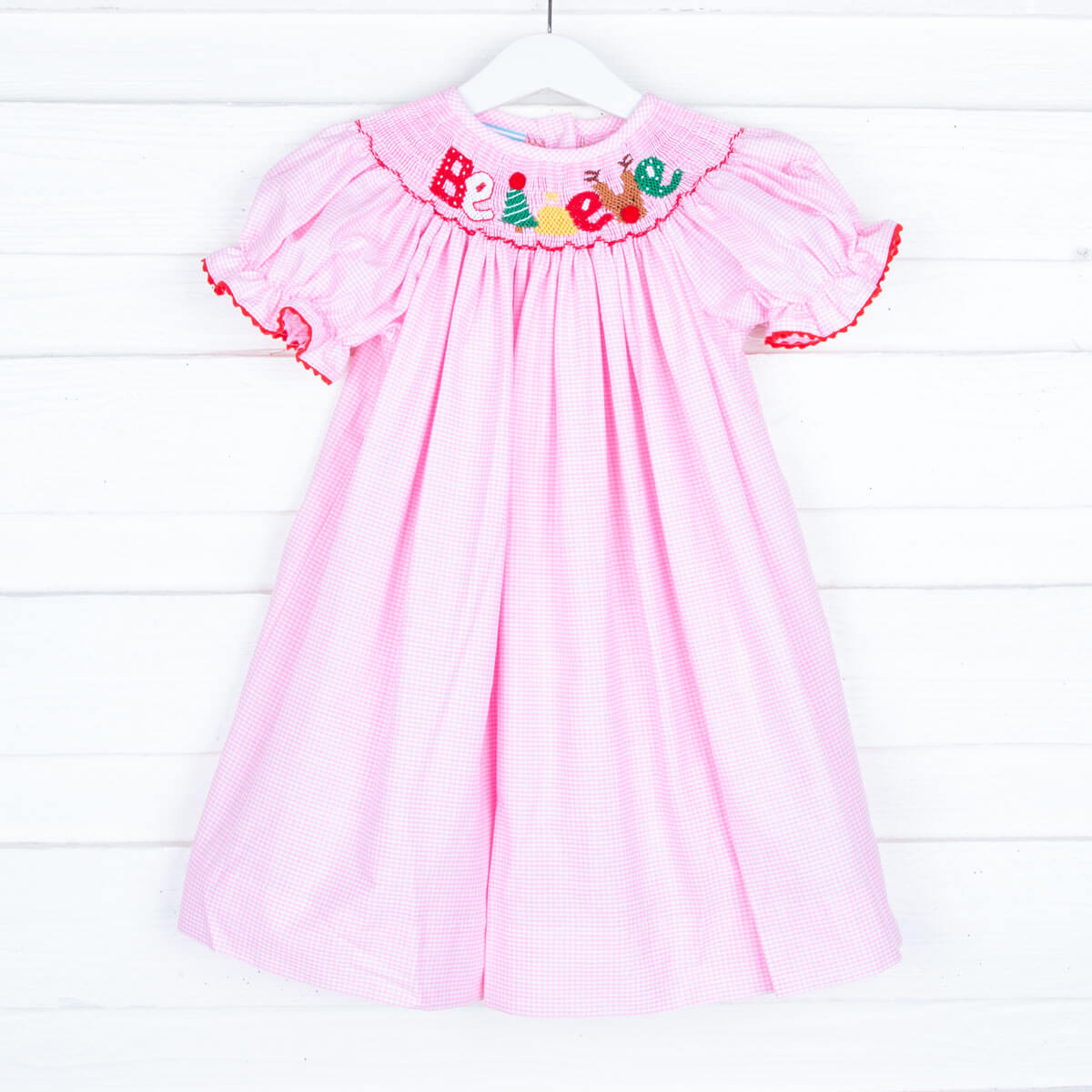 Believe Smocked Pink Gingham Bishop Dress