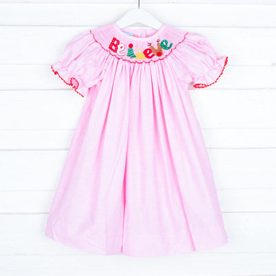 Believe Smocked Pink Gingham Bishop Dress