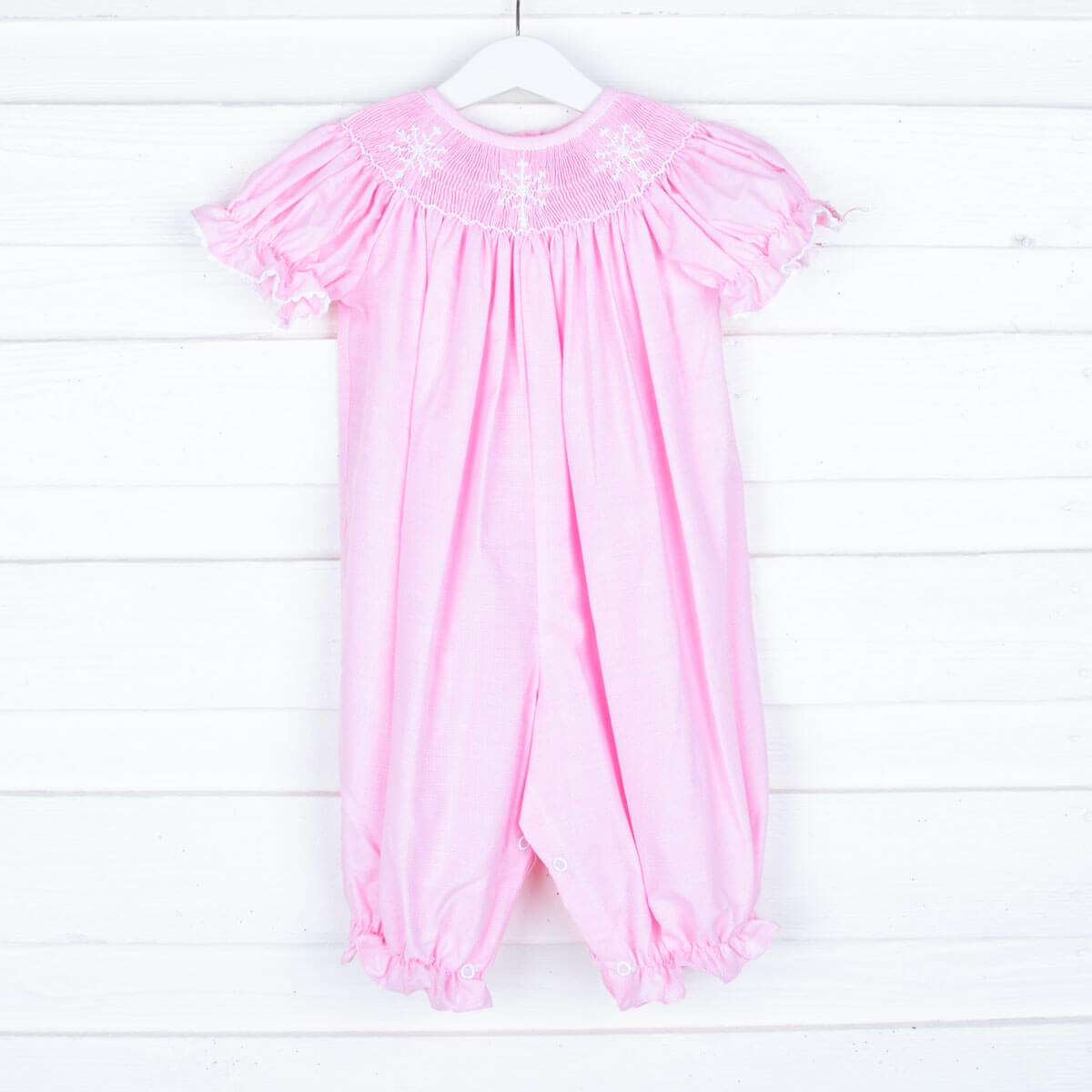 Smocked Snowflakes Pink Gingham Long Bubble