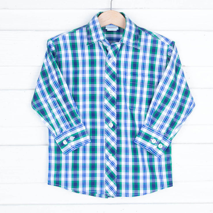 Navy and Green Fall Plaid Button Down