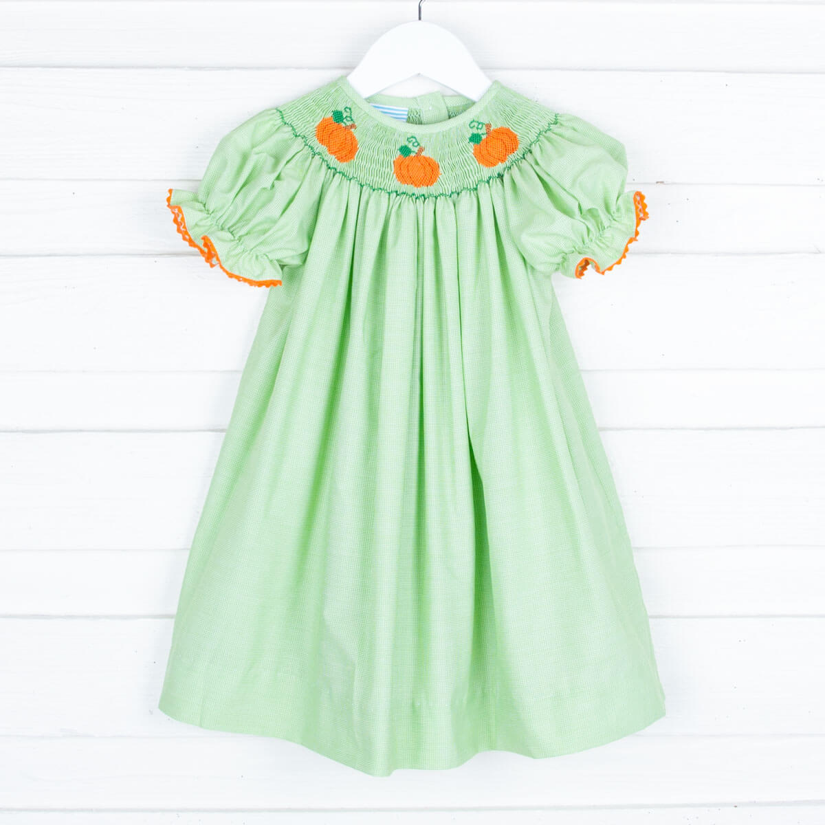 Smocked Pumpkin Green Gingham Dress