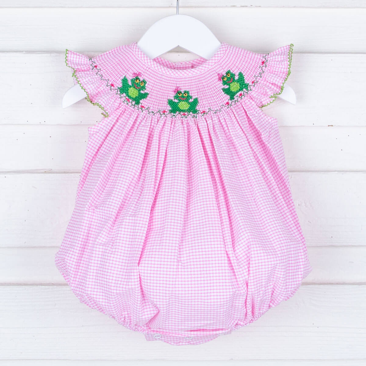 Smocked Frogs Pink Gingham Bubble