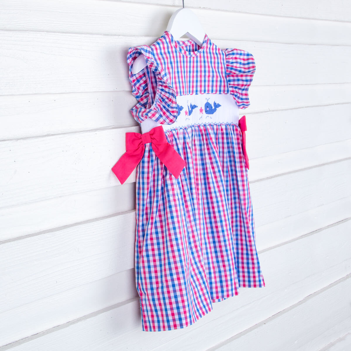 Whale Smocked Pink and Blue Plaid Beverly Dress