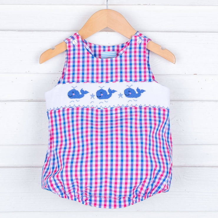 Whale Smocked Pink and Blue Plaid Sun Bubble