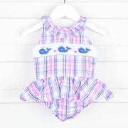 Whale Smocked Pink and Blue Plaid Swimsuit