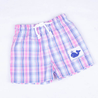 Pink and Blue Check Whale Smocked Swim Trunks