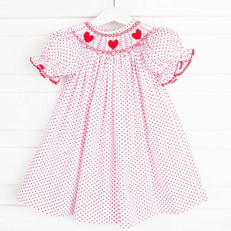 Heart Smocked Bishop White and Red Tiny Dot