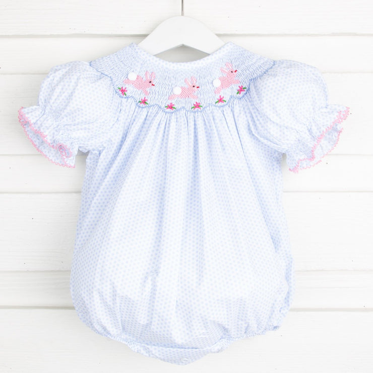 Bunny and Flowers Smocked Bubble Light Blue Dot