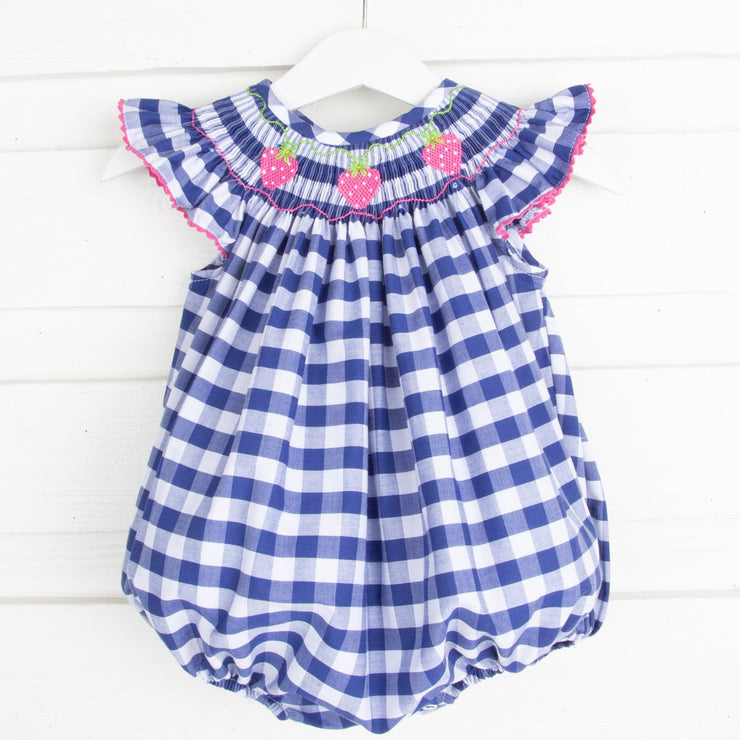 Hot Pink Strawberry Smocked Bubble Navy Check