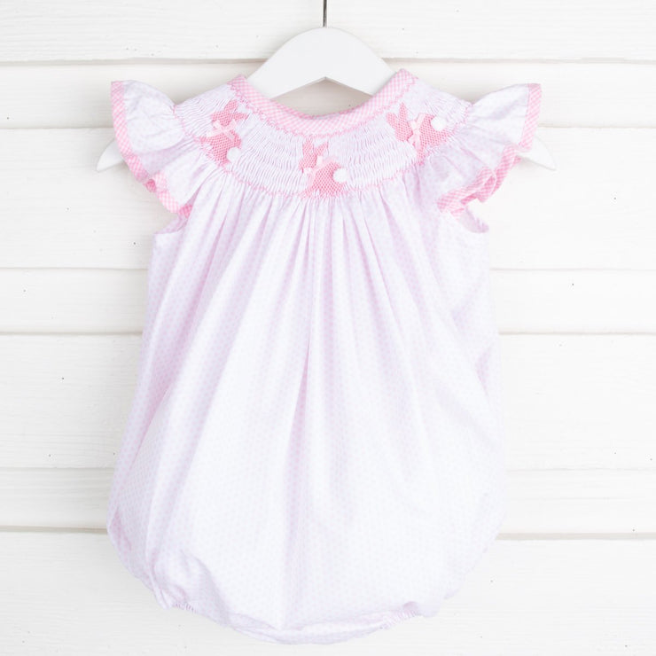 Bunny Silhouette Smocked Bubble White & Pink Dot