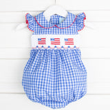 Flag Smocked Collared Bubble Bright Blue Plaid