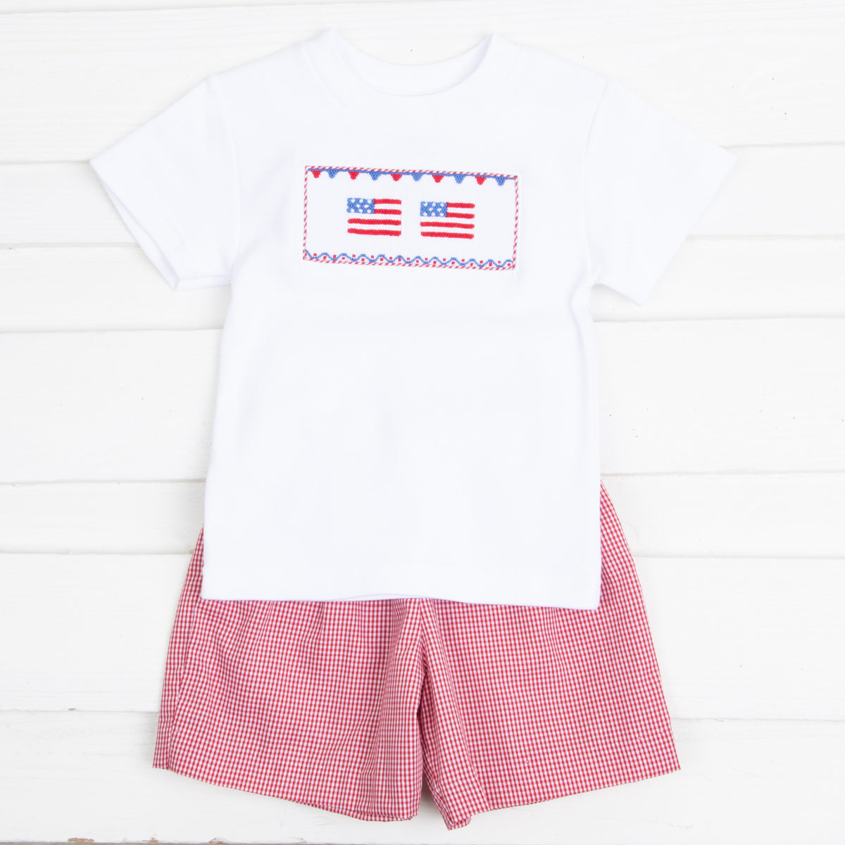 Flag Smocked Red Gingham Boy Short Set