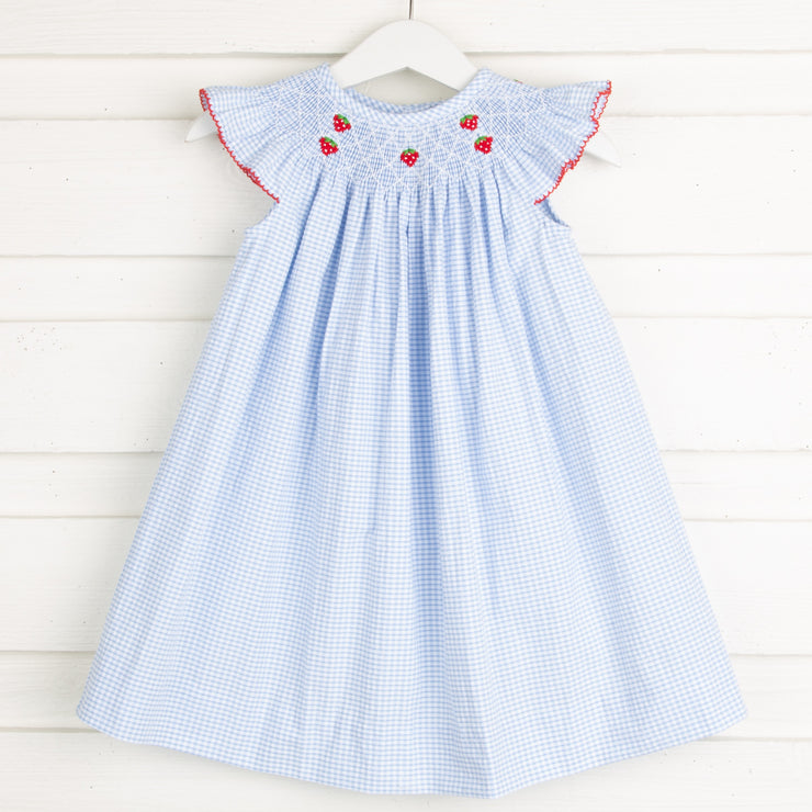 Tiny Strawberry Smocked Dress Light Blue Gingham Seersucker