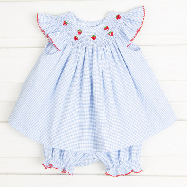 Tiny Strawberry Smocked Bloomer Set Light Blue Gingham Seersucker ...