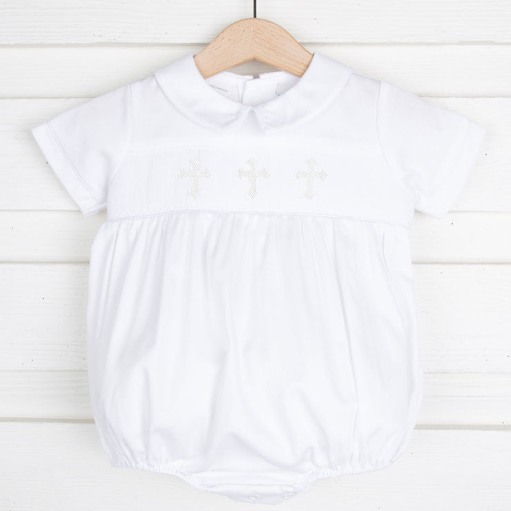 White Cross Smocked Collared Boy Bubble
