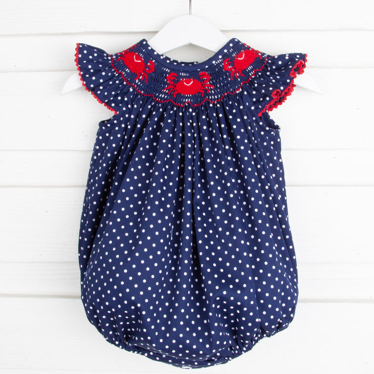 Crab Smocked Bubble Navy and White Dot