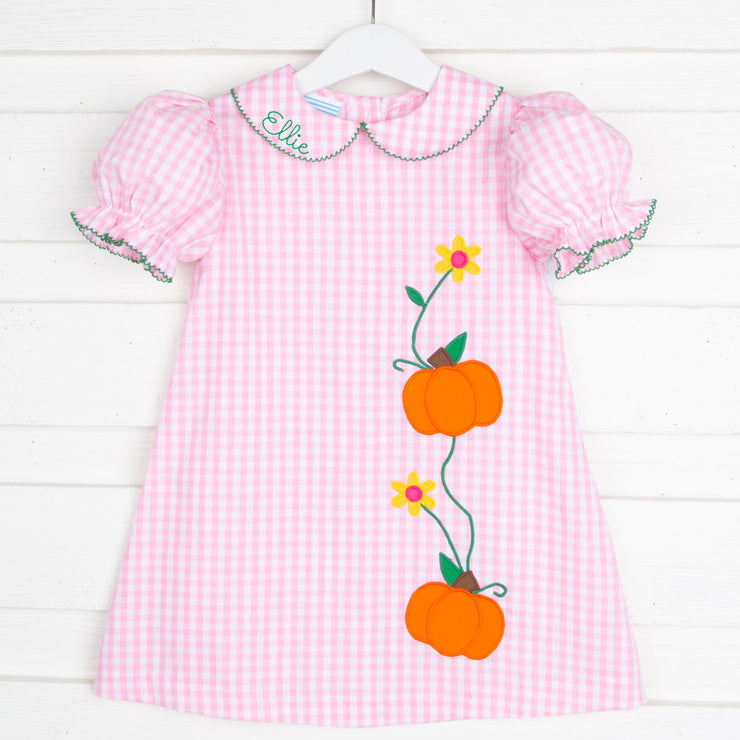 Pumpkin & Flower Applique Sally Dress Pink Check
