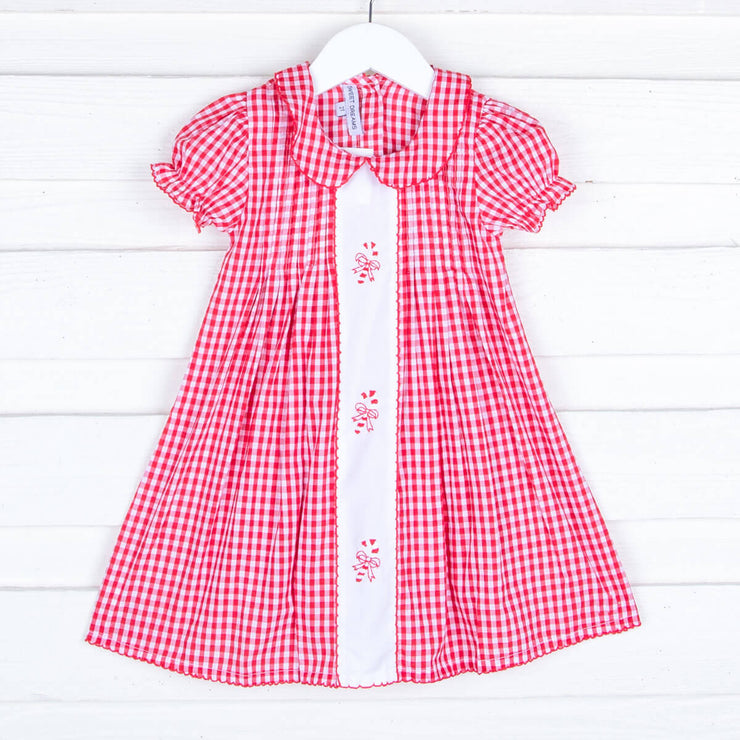 Embroidered Candy Cane Red Gingham Dress