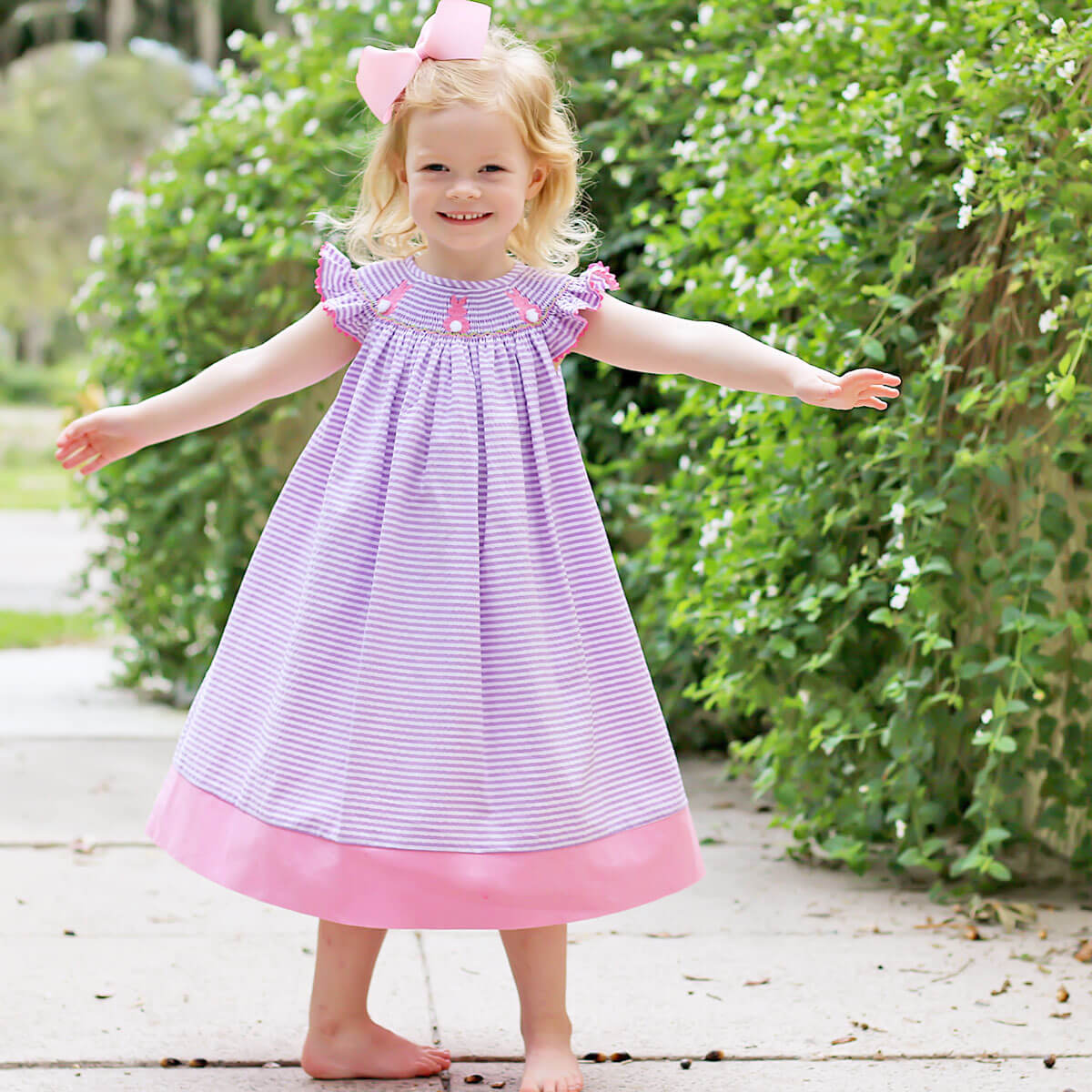 purple smocked bishop dress Hydrangea Floral Lavender & Pink Geo Smocked Bishop Dress Classic Whimsy